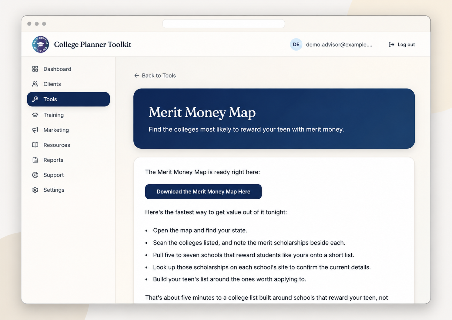 CFAE Merit Money Map resource for finding merit scholarships
