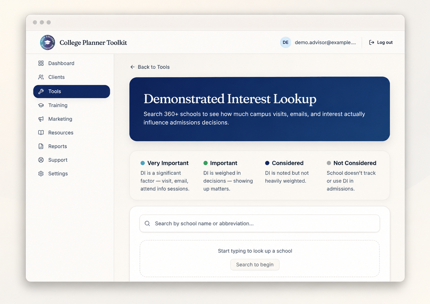 CFAE Demonstrated Interest Lookup across 360+ colleges