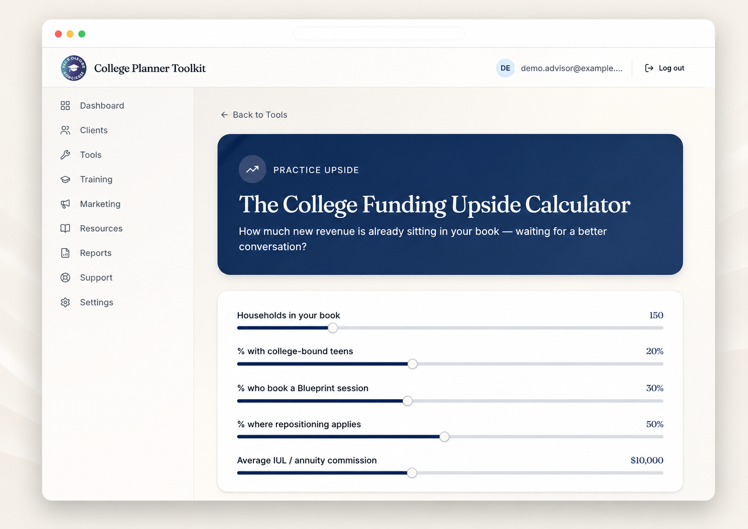 CFAE College Funding Upside Calculator with scenario sliders