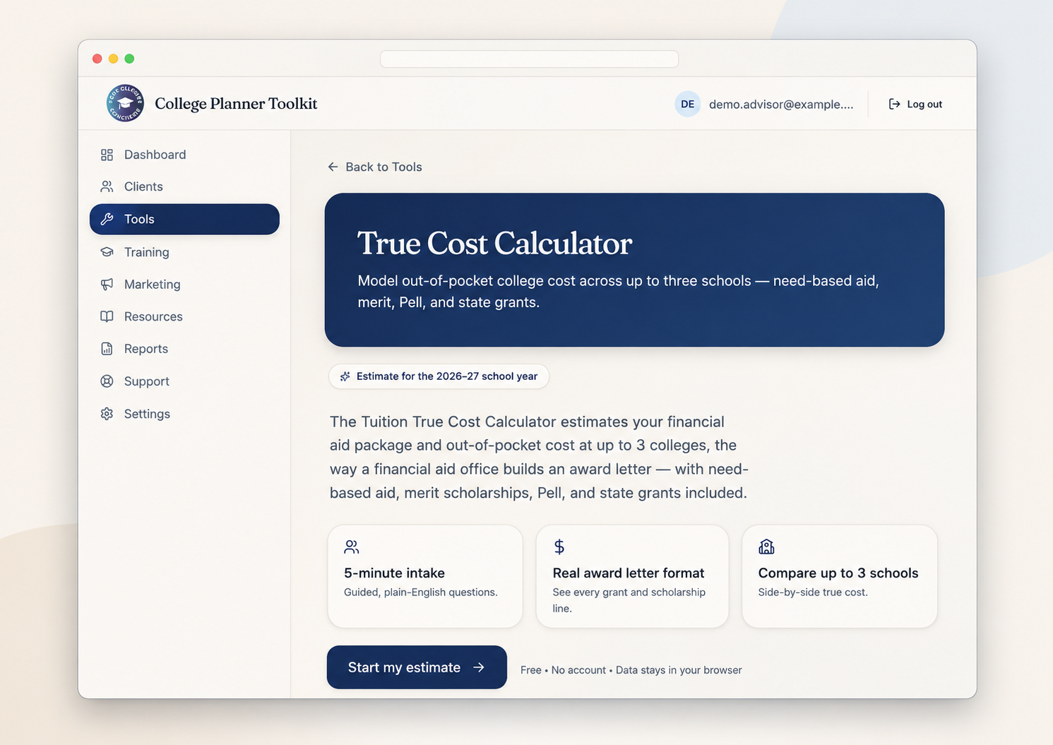 CFAE True Cost Calculator for college affordability planning