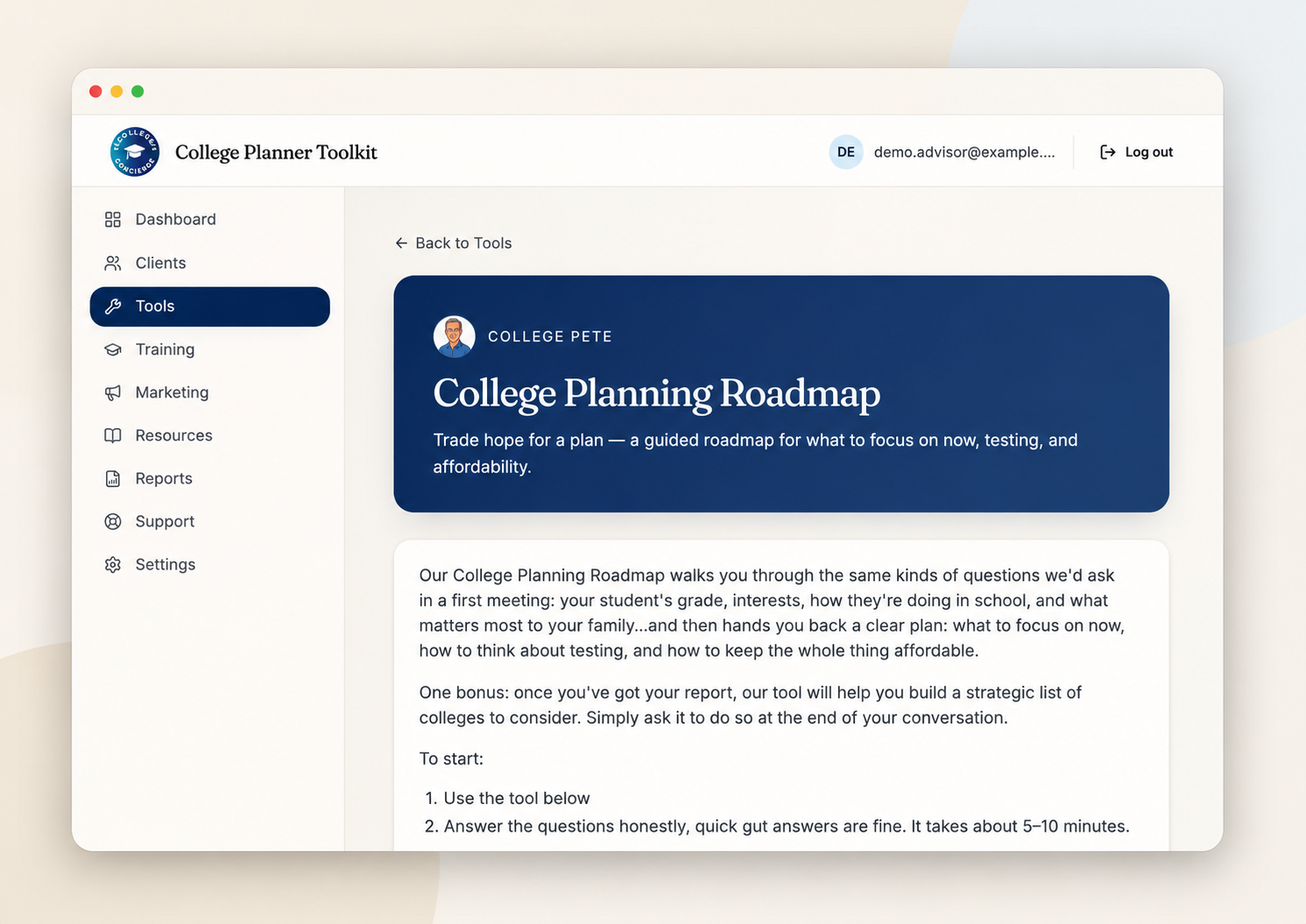 CFAE College Planning Roadmap showing grade-level priorities and next steps