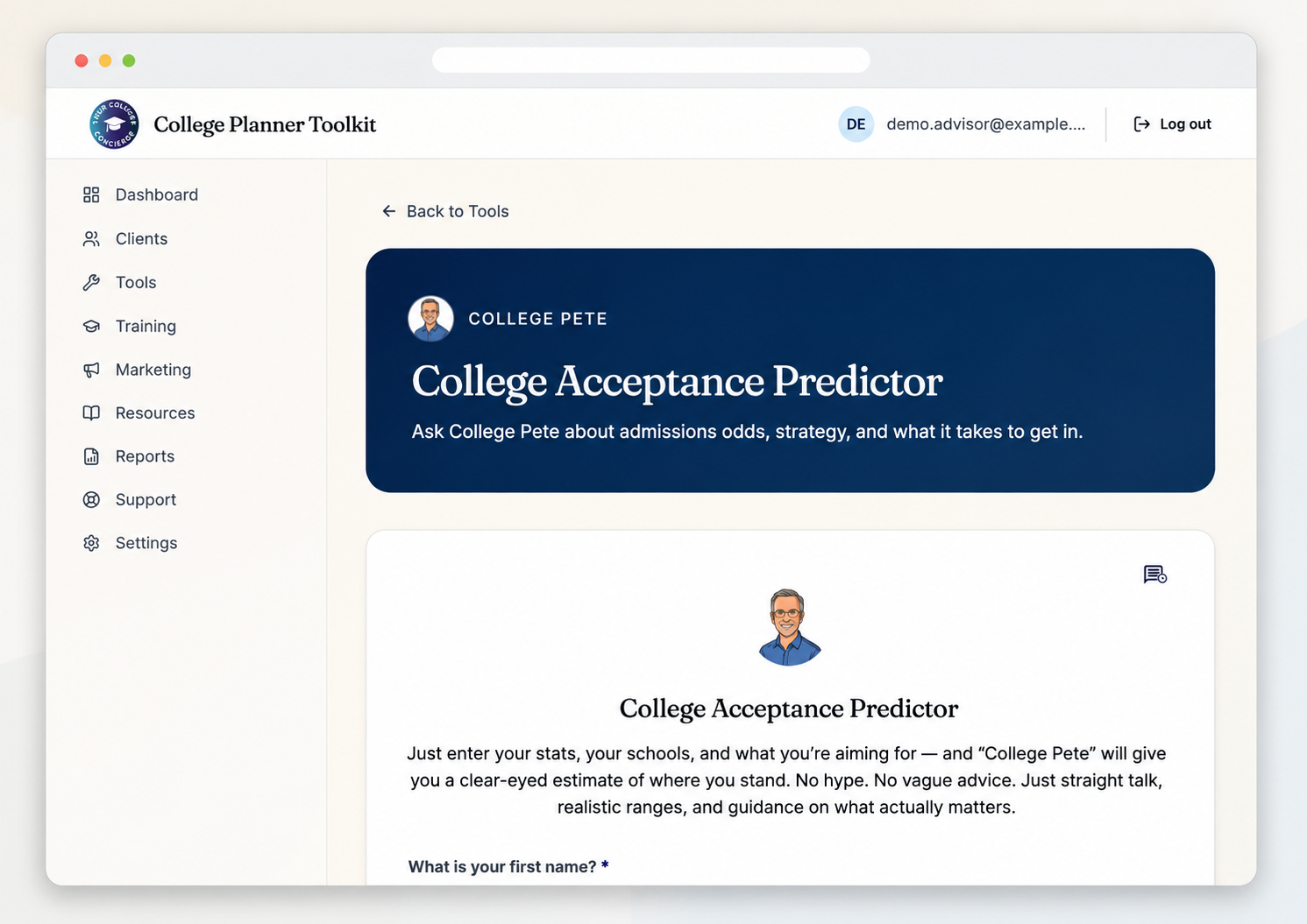 CFAE College Acceptance Predictor chat experience