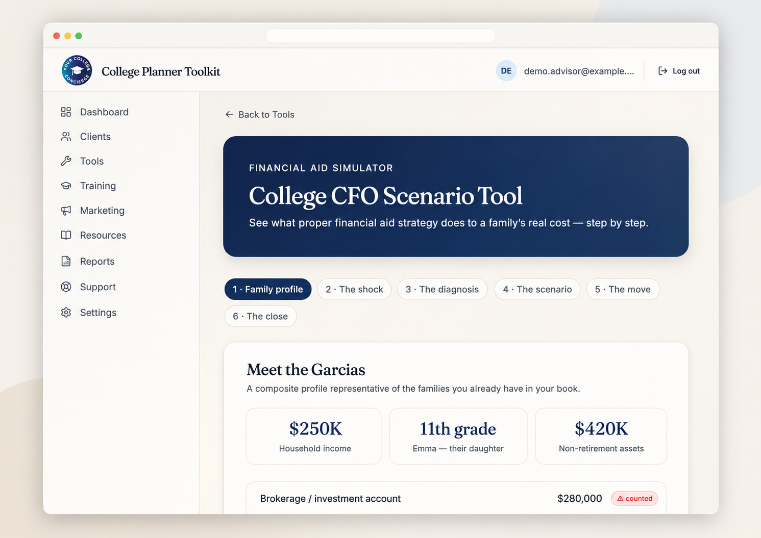 CFAE Financial Aid Simulator walking through a family scenario