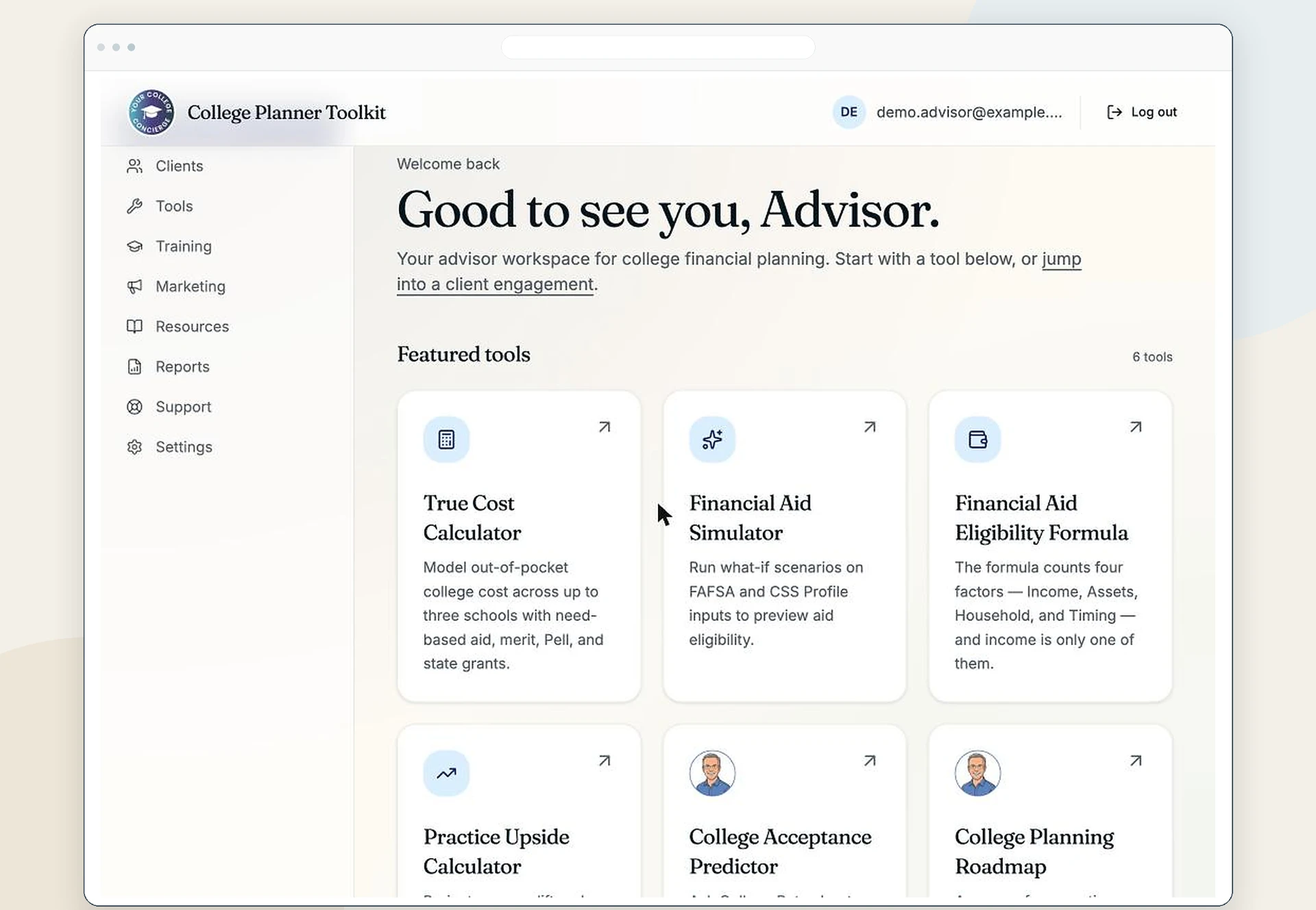 CFAE counselor dashboard showing featured planning tools